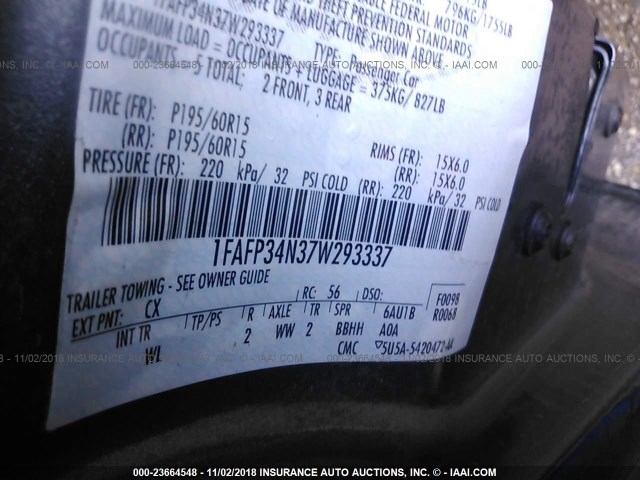 1FAFP34N37W293337 - 2007 FORD FOCUS ZX4/S/SE/SES GRAY photo 9