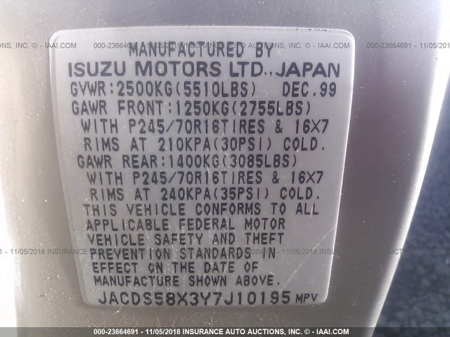 JACDS58X3Y7J10195 - 2000 ISUZU TROOPER S/LS/LIMITED 银色 照片 9