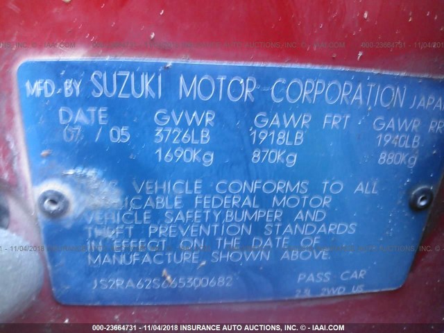 JS2RA62S665300682 - 2006 SUZUKI AERIO RED photo 9