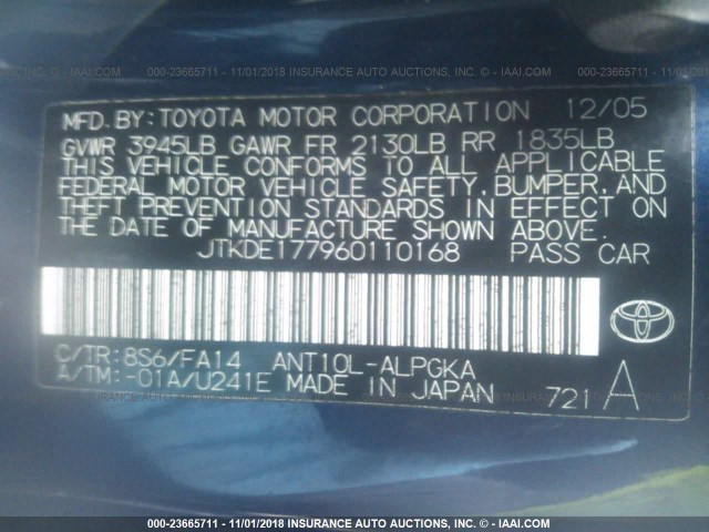 JTKDE177960110168 - 2006 TOYOTA SCION TC BLUE photo 9
