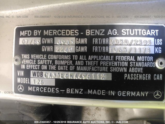 WDBCA35E6KA496112 - 1989 MERCEDES-BENZ 420 SEL BEIGE photo 9