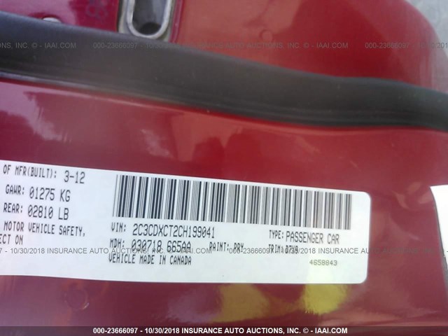 2C3CDXCT2CH199041 - 2012 DODGE CHARGER R/T RED photo 9