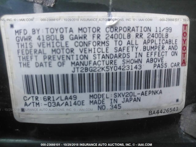 JT2BG22K5Y0423143 - 2000 TOYOTA CAMRY CE/LE/XLE 绿色 照片 9