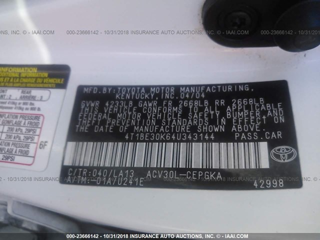4T1BE30K64U343144 - 2004 TOYOTA CAMRY LE/XLE/SE WHITE photo 9