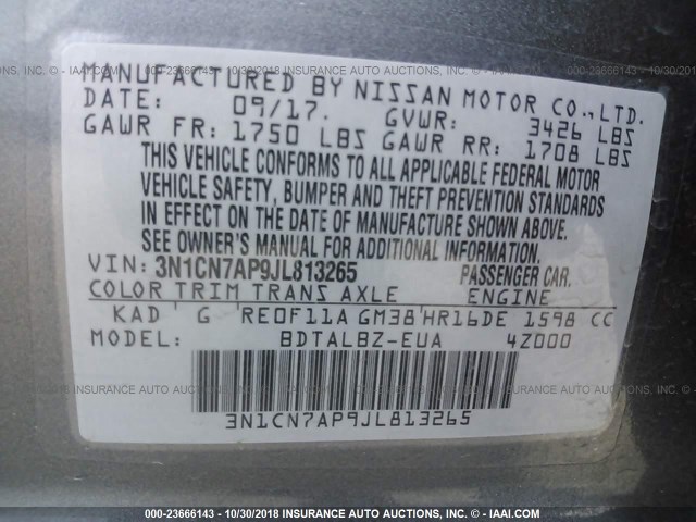 3N1CN7AP9JL813265 - 2018 NISSAN VERSA S/S PLUS/SV/SL GRAY photo 9