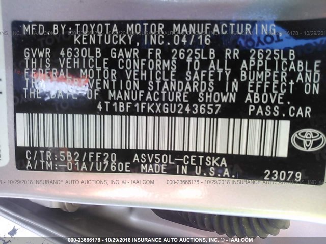 4T1BF1FKXGU243657 - 2016 TOYOTA CAMRY LE/XLE/SE/XSE 金色 照片 9