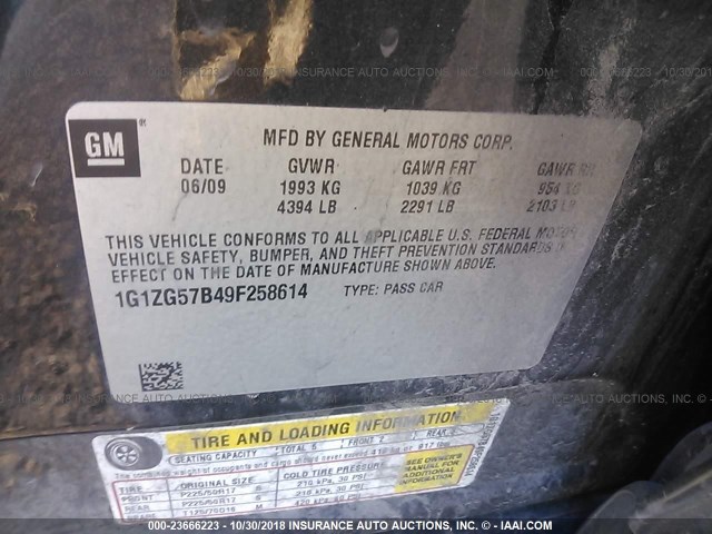 1G1ZG57B49F258614 - 2009 CHEVROLET MALIBU LS შავი ფოტო 9