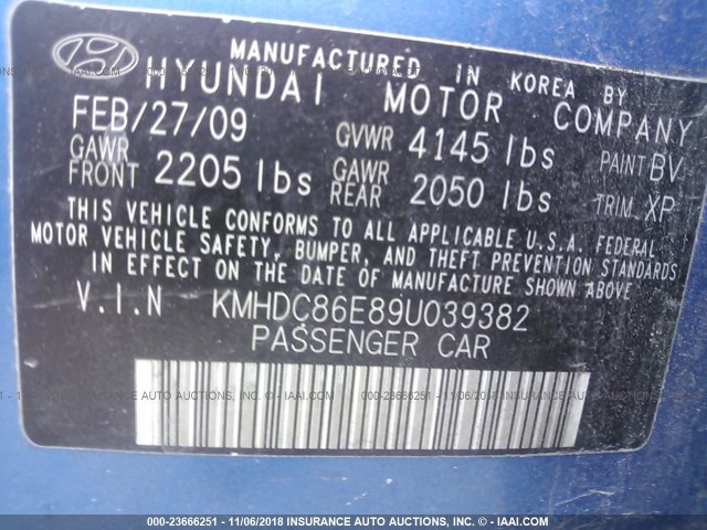 KMHDC86E89U039382 - 2009 HYUNDAI ELANTRA TOURING  BLUE photo 9