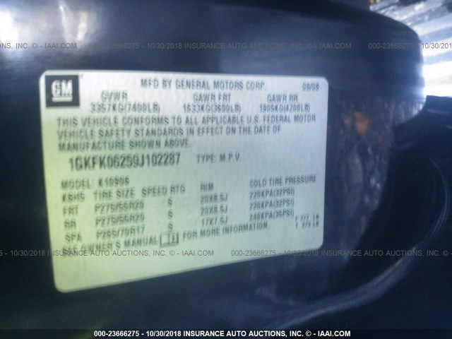 1GKFK06259J102287 - 2009 GMC YUKON XL DENALI BLACK photo 9