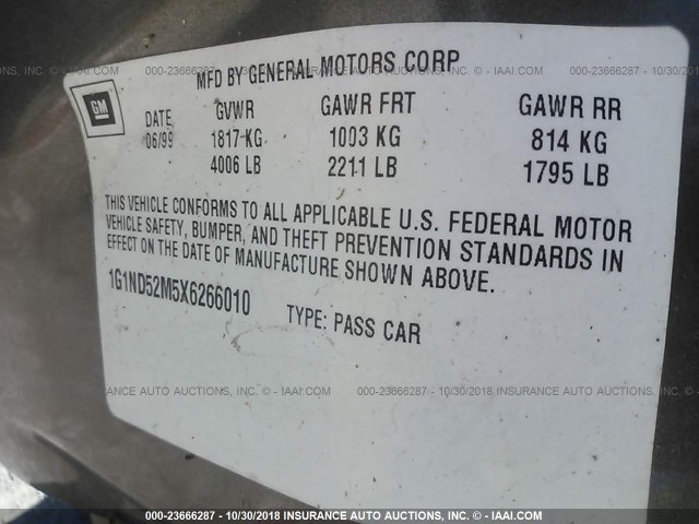 1G1ND52M5X6266010 - 1999 CHEVROLET MALIBU 米色 照片 9