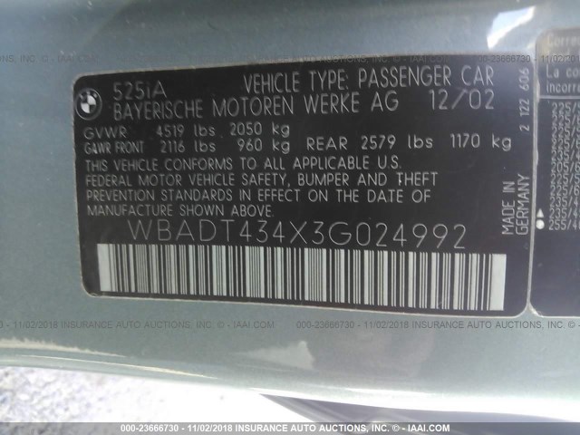 WBADT434X3G024992 - 2003 BMW 525 I AUTOMATIC 绿色 照片 9