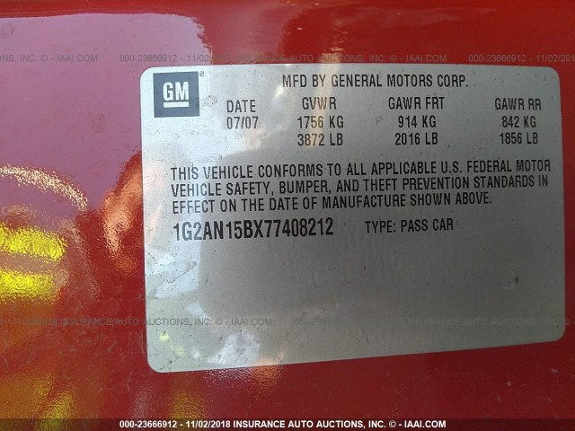 1G2AN15BX77408212 - 2007 PONTIAC G5 GT RED photo 9