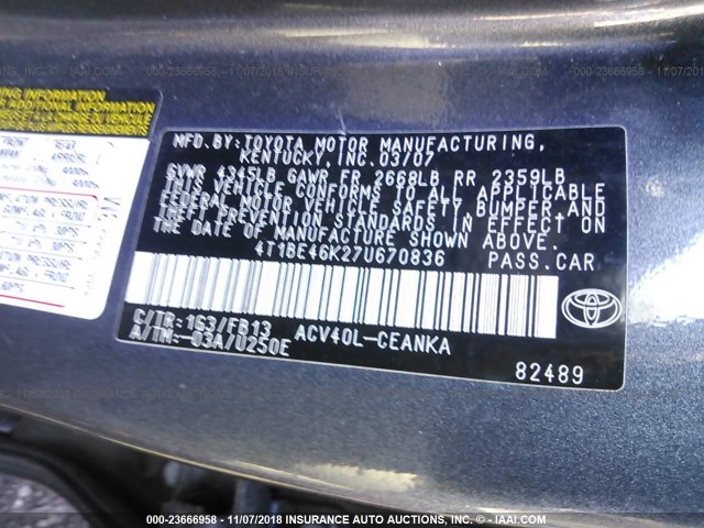 4T1BE46K27U670836 - 2007 TOYOTA CAMRY NEW GENERAT CE/LE/XLE/SE GRAY photo 9