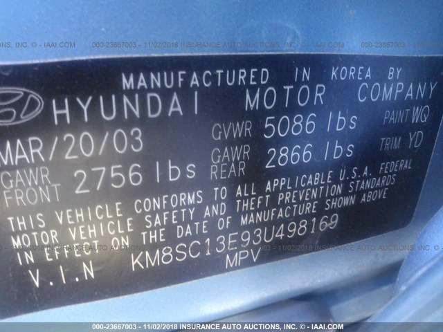 KM8SC13E93U498169 - 2003 HYUNDAI SANTA FE GLS/LX Light Blue photo 9