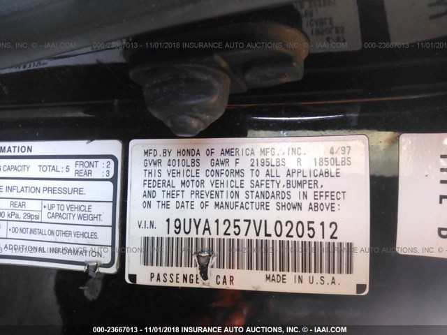 19UYA1257VL020512 - 1997 ACURA 2.2CL BLACK photo 9