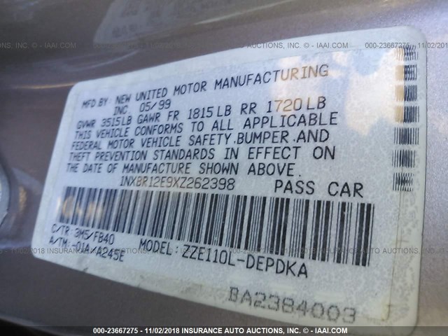 1NXBR12E9XZ262398 - 1999 TOYOTA COROLLA VE/CE/LE GOLD photo 9