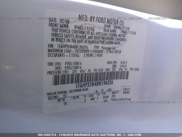 1FAHP35N48W196026 - 2008 FORD FOCUS SE/SEL/SES WHITE photo 9