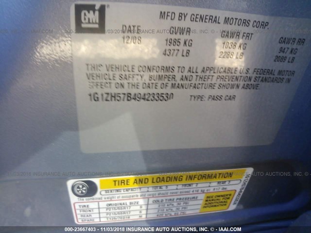 1G1ZH57B494233530 - 2009 CHEVROLET MALIBU 1LT BLUE photo 9