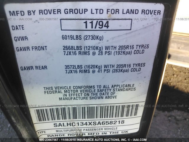 SALHC134XSA658218 - 1995 LAND ROVER RANGE ROVER LONG WHEELBASE GREEN photo 9