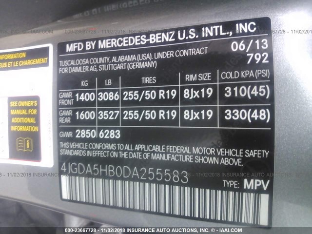 4JGDA5HB0DA255583 - 2013 MERCEDES-BENZ ML 350 4MATIC GRAY photo 9