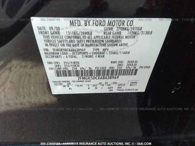 2FMGK5DCXABA38969 - 2010 FORD FLEX LIMITED BLACK photo 9