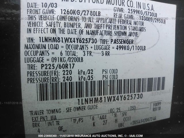 1LNHM81WX4Y625730 - 2004 LINCOLN TOWN CAR EXECUTIVE/SIGNATURE Siyah fotoğraf 9