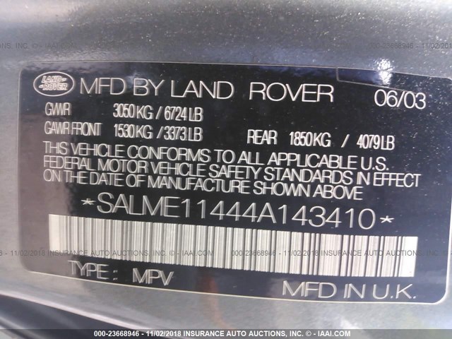 SALME11444A143410 - 2004 LAND ROVER RANGE ROVER HSE GREEN photo 9