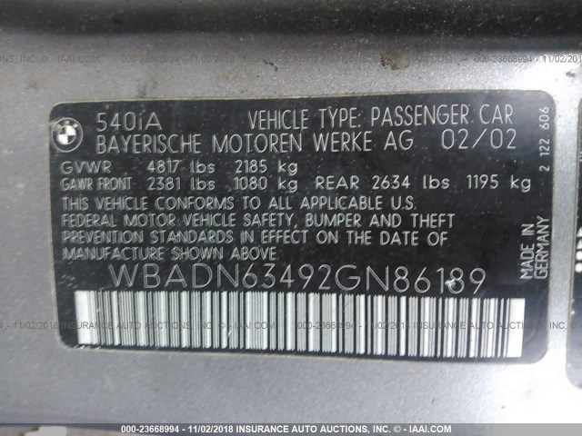 WBADN63492GN86189 - 2002 BMW 540 I AUTOMATIC GRAY photo 9