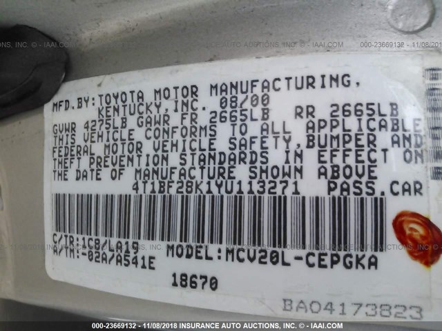 4T1BF28K1YU113271 - 2000 TOYOTA CAMRY LE/XLE 银色 照片 9