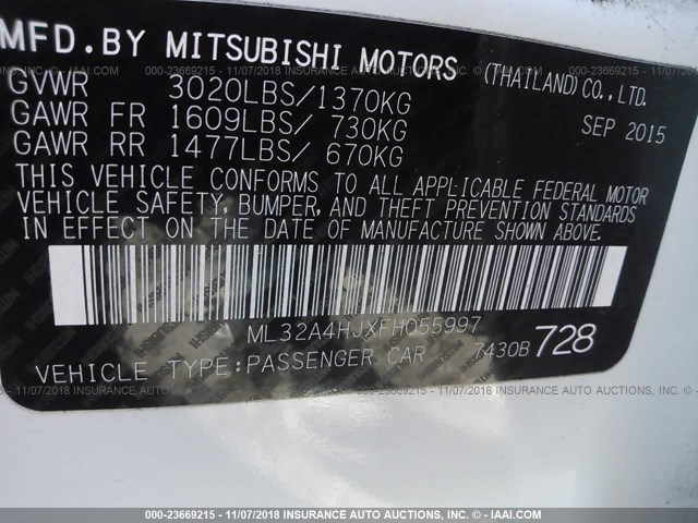 ML32A4HJXFH055997 - 2015 MITSUBISHI MIRAGE ES WHITE photo 9