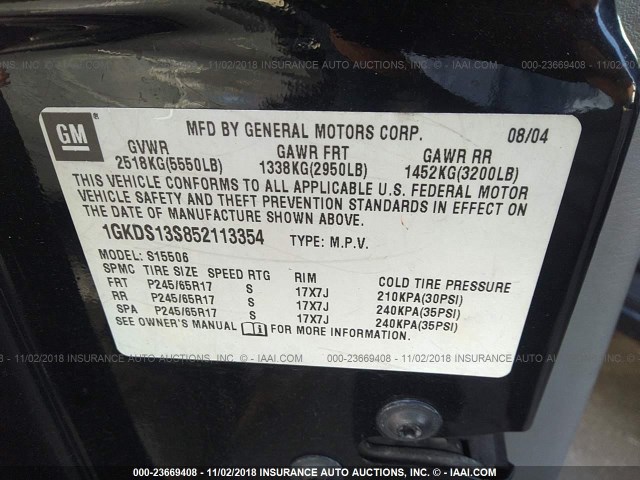 1GKDS13S852113354 - 2005 GMC ENVOY BLACK photo 9