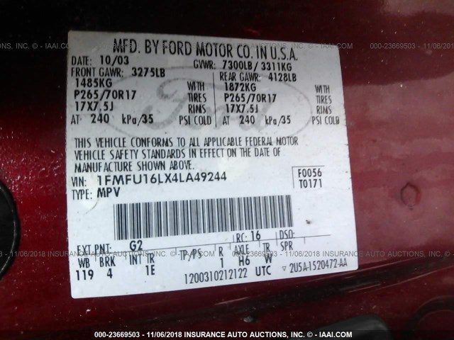 1FMFU16LX4LA49244 - 2004 FORD EXPEDITION XLT RED photo 9