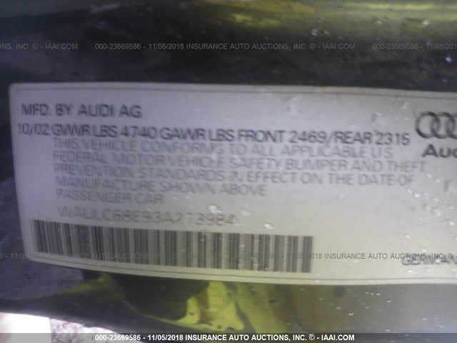 WAULC68E93A213984 - 2003 AUDI A4 1.8T QUATTRO BLACK photo 9