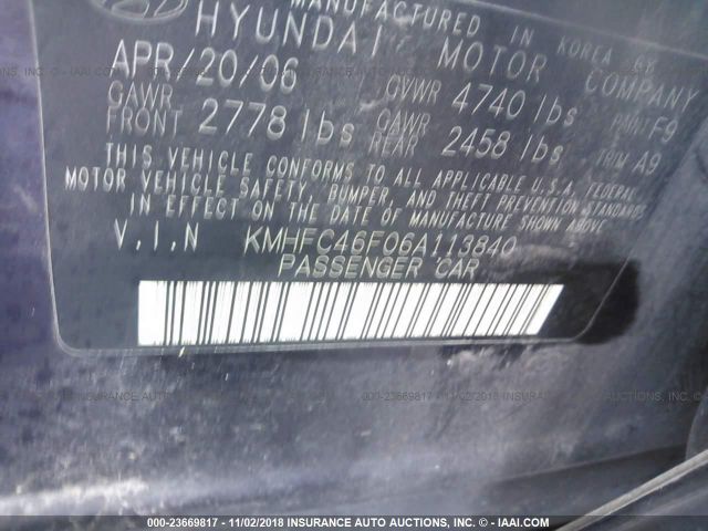 KMHFC46F06A113840 - 2006 HYUNDAI AZERA SE/LIMITED PURPLE photo 9