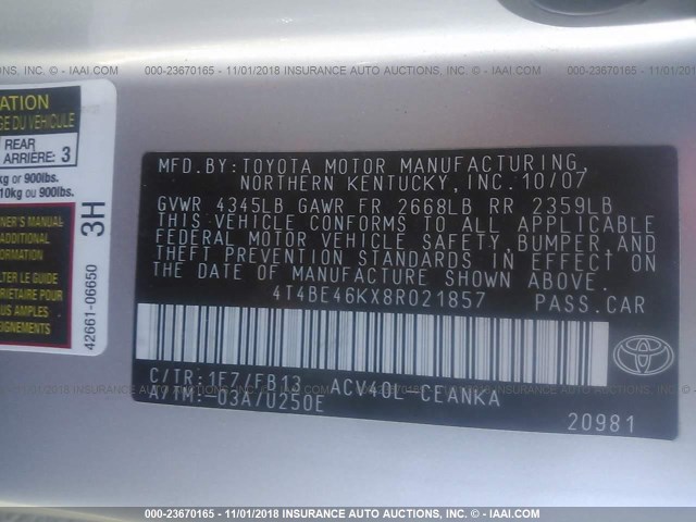 4T4BE46KX8R021857 - 2008 TOYOTA CAMRY CE/LE/XLE/SE SILVER photo 9