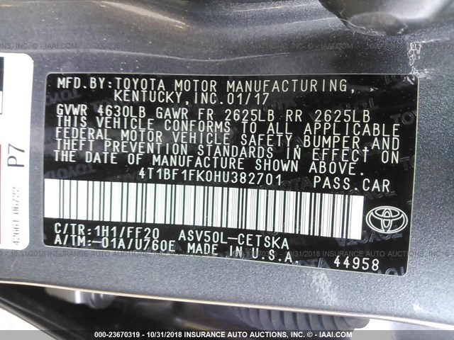 4T1BF1FK0HU382701 - 2017 TOYOTA CAMRY LE/XLE/SE/XSE GRAY photo 9