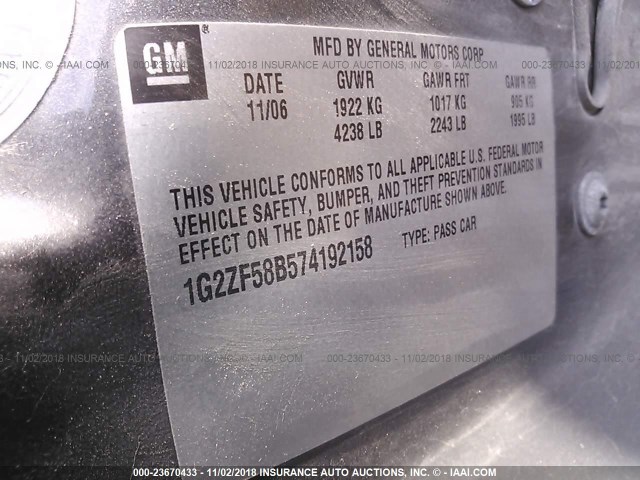 1G2ZF58B574192158 - 2007 PONTIAC G6 VALUE LEADER/BASE GRAY photo 9