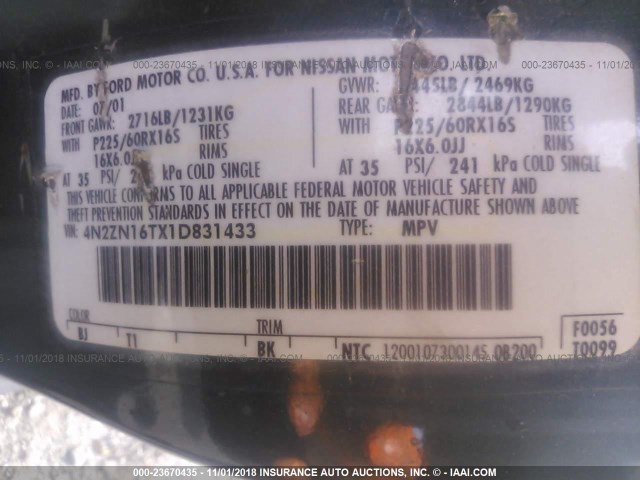 4N2ZN16TX1D831433 - 2001 NISSAN QUEST SE GREEN photo 9