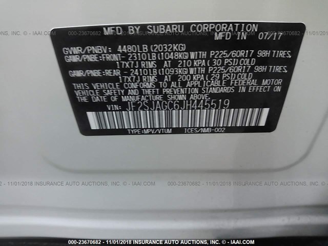 JF2SJAGC6JH445519 - 2018 SUBARU FORESTER 2.5I PREMIUM WHITE photo 9