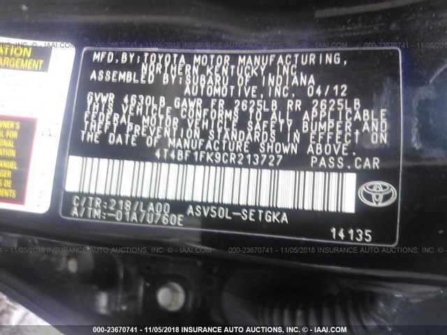 4T4BF1FK9CR213727 - 2012 TOYOTA CAMRY SE/LE/XLE BLACK photo 9