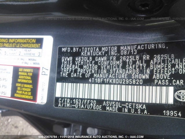 4T1BF1FK8DU295820 - 2013 TOYOTA CAMRY L/SE/LE/XLE Boz foto 9