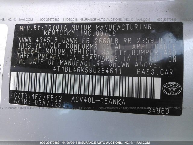 4T1BE46K59U284611 - 2009 TOYOTA CAMRY SE/LE/XLE SILVER photo 9