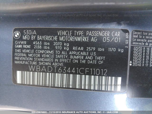 WBADT63441CF11012 - 2001 BMW 530 I AUTOMATIC BLUE photo 9