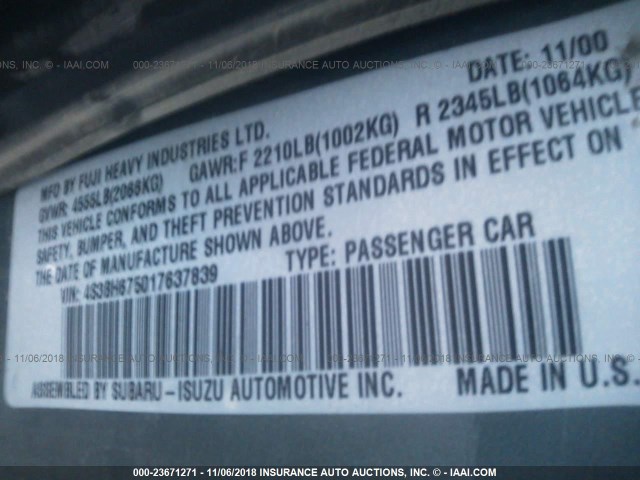 4S3BH675017637839 - 2001 SUBARU LEGACY OUTBACK AWP 浅蓝色 照片 9