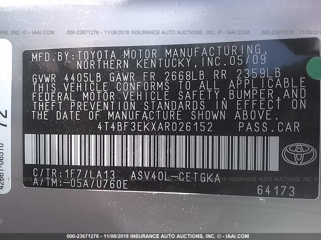 4T4BF3EKXAR026152 - 2010 TOYOTA CAMRY SE/LE/XLE SILVER photo 9