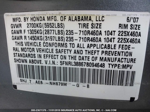 5FNRL38867B094648 - 2007 HONDA ODYSSEY TOURING SILVER photo 9