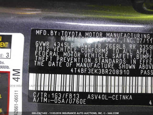 4T4BF3EK3BR208910 - 2011 TOYOTA CAMRY SE/LE/XLE GRAY photo 9