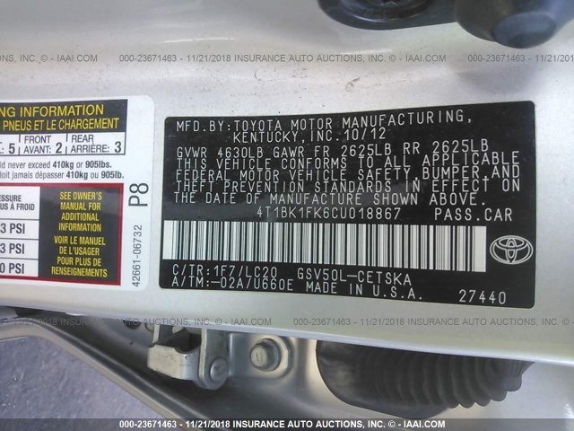 4T1BK1FK6CU018867 - 2012 TOYOTA CAMRY SE/XLE SILVER photo 9