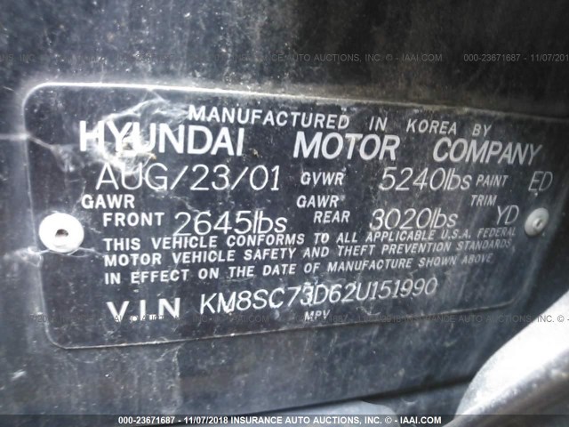 KM8SC73D62U151990 - 2002 HYUNDAI SANTA FE GLS/LX BLACK photo 9