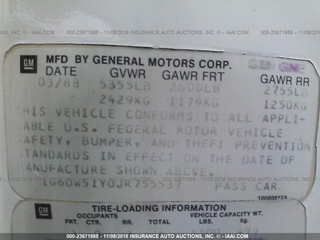 1G6DW51Y0JR755537 - 1988 CADILLAC BROUGHAM 白色 照片 9